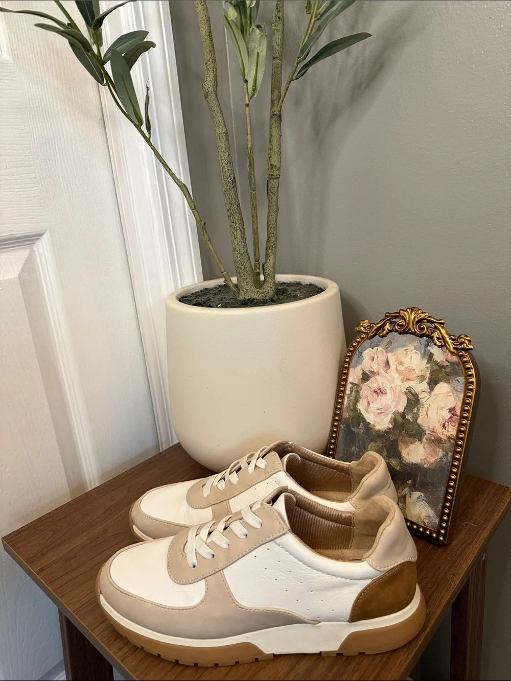 LifeStride Horizon Leather Comfort Sneakers White Taupe Women’s Size 8
